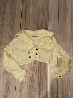 Free People Pale Yellow Cropped Double-Breasted Jacket